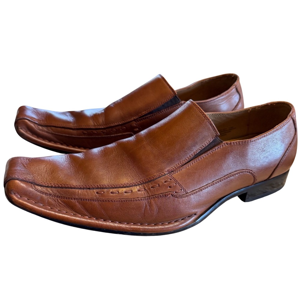 Stacy Adams Mens 10M Cognac Brown Leather Slip On Loafers Square Bicycle Toe